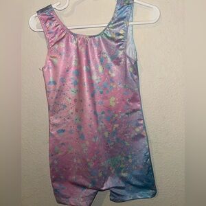 Girls' Shimmery Pink & Blue Splatter Gymnastics Leotard Shortie
